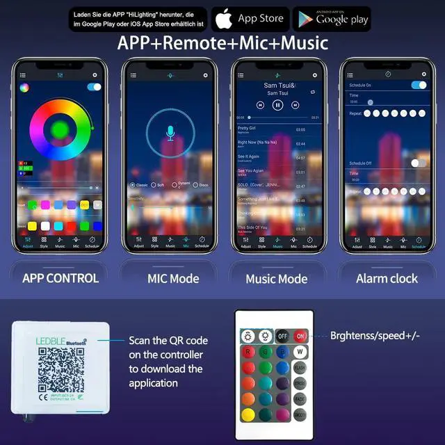 Alt view image 6 of 6 - Led Strip Lights,60ft Music Sync Color Changing, Built-in Mic,Bluetooth App Control LED Tape Lights with Remote,5050 RGB Rope Light Strips