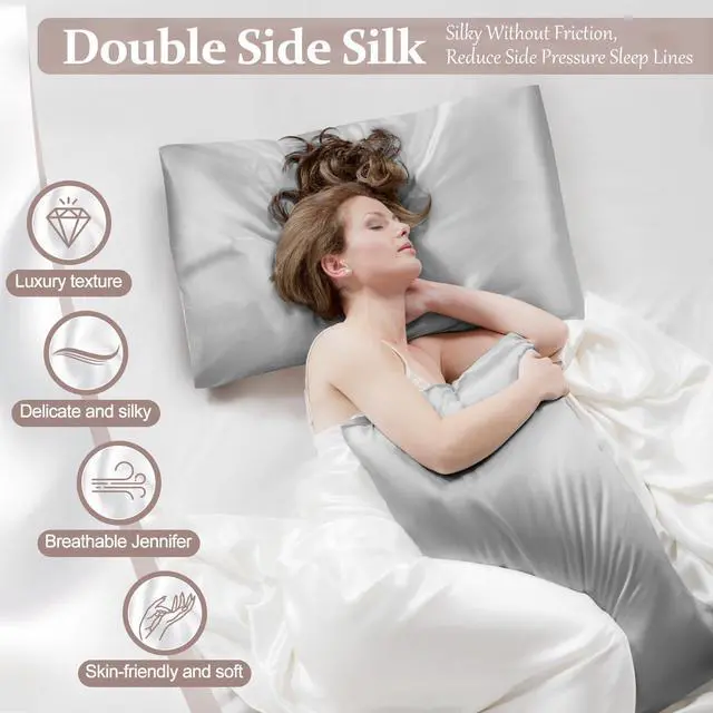 Alt view image 2 of 7 - 2 Pack 100% Pure Silk Pillowcase for Hair and Skin, Both Sides Mulberry Silk Pillowcases with Hidden Zipper, Cooling Pillowcase 19 Momme, 600 Thread Silk Pillow Cases Standard Size, Gray