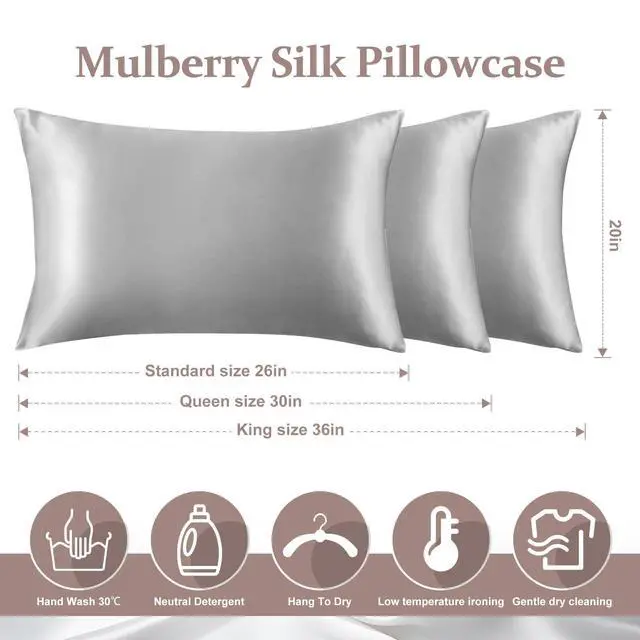 Alt view image 6 of 7 - 2 Pack 100% Pure Silk Pillowcase for Hair and Skin, Both Sides Mulberry Silk Pillowcases with Hidden Zipper, Cooling Pillowcase 19 Momme, 600 Thread Silk Pillow Cases Standard Size, Gray