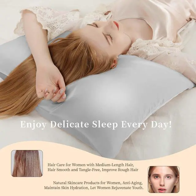 Alt view image 4 of 7 - 100% Pure Mulberry Silk Pillowcase for Hair and Skin, Standard Size 20*26 Cooling Silk Pillow Case by Zipper Closure, Smooth Dual Sides Bed Silk Pillow Cover for Women.(Light Gray, Standard-1 Pcs)