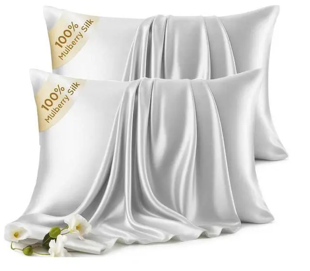 Main image of 100% Mulberry Silk Pillow Cases 2 Pack for Hair & Skin, 6A Grade Hypoallergenic Pillowcases with Hidden Zipper, Anti-Aging Anti-Frizz, Machine Washable, Standard Sizes, Luxury Gift(Gray, Standard)