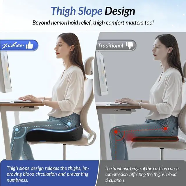 Alt view image 3 of 7 - Thickened Seat Cushion, Ergonomic Memory Foam Hemorrhoid Pillow for Hip, Sciatica, Long Sitting Relief, 6.0" Thick Office Chair Cushion with Widened Cutout for Tailbone Pain Relief in Car, Home