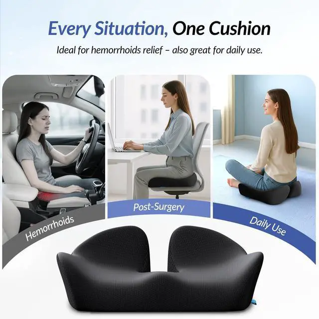 Alt view image 4 of 7 - Thickened Seat Cushion, Ergonomic Memory Foam Hemorrhoid Pillow for Hip, Sciatica, Long Sitting Relief, 6.0" Thick Office Chair Cushion with Widened Cutout for Tailbone Pain Relief in Car, Home