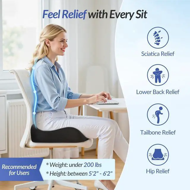 Alt view image 2 of 7 - Pioneering Seat Cushion for Pressure Relief, Ergonomic Office Chair Cushion for Sciatica, Back, Hemorrhoids & Tailbone Pain Relief, High-Density Memory Foam Car Seat Cushion with Anti-Slip Base