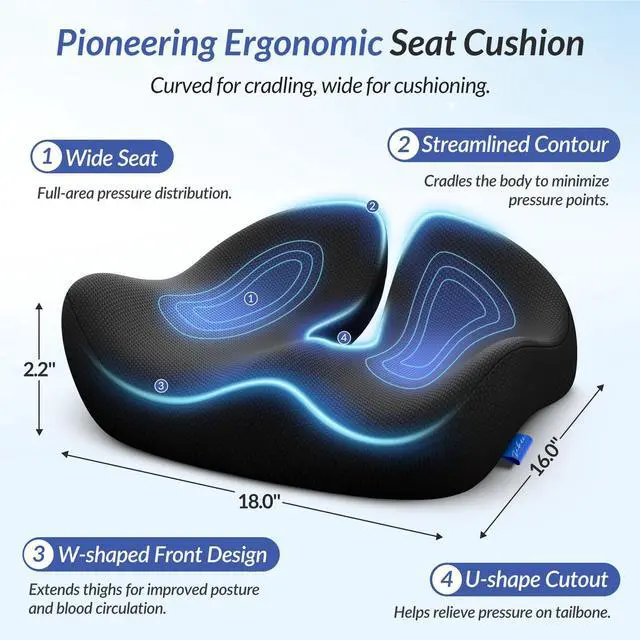 Alt view image 3 of 7 - Pioneering Seat Cushion for Pressure Relief, Ergonomic Office Chair Cushion for Sciatica, Back, Hemorrhoids & Tailbone Pain Relief, High-Density Memory Foam Car Seat Cushion with Anti-Slip Base