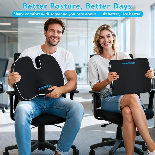 Alt view image 7 of 7 - Ergonomic Memory Foam Seat Cushion & Lumbar Support Pillow Set, Orthopedic Coccyx Cushion for Office Chair, Car, Home Relieves Back, Sciatica & Tailbone Pain, Improves Posture Black/Large