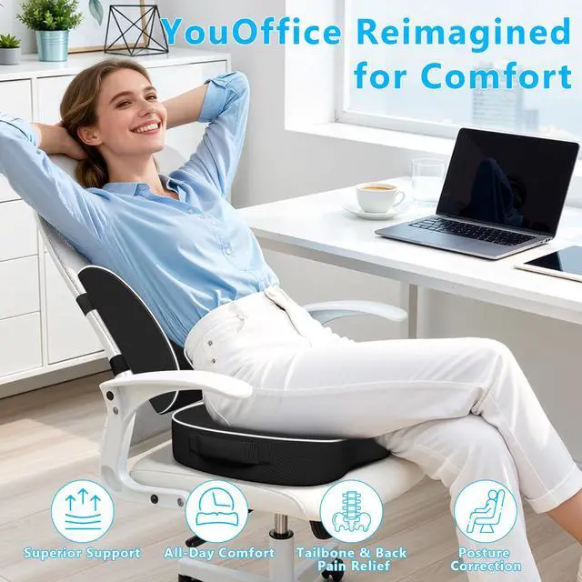 Alt view image 5 of 7 - Ergonomic Memory Foam Seat Cushion & Lumbar Support Pillow Set, Orthopedic Coccyx Cushion for Office Chair, Car, Home Relieves Back, Sciatica & Tailbone Pain, Improves Posture Black/Large