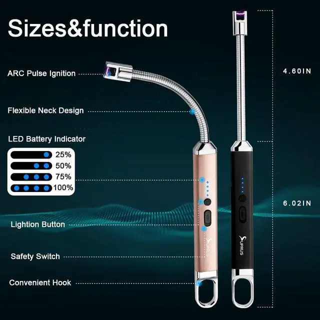 Alt view image 2 of 7 - Lighter Rechargeable USB Lighter Arc Electric Lighetrs with Safety Switch 360° Flexible Neck Flameless Grill Long Lighters for Candle Camping Cooking (Black+Champagne Gold)
