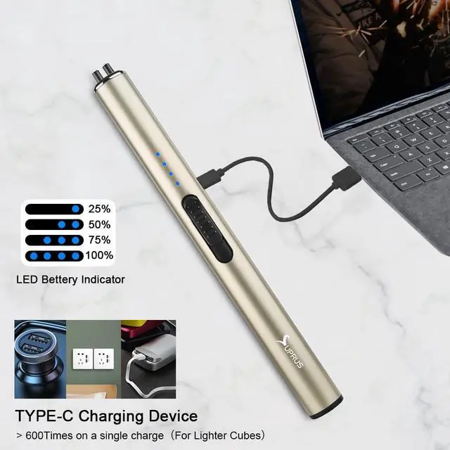 Alt view image 5 of 7 - Electric Arc Windproof Flameless USB Rechargeable Lighter with Safety Lock for Candle (Champagne Gold, 3 Packs)