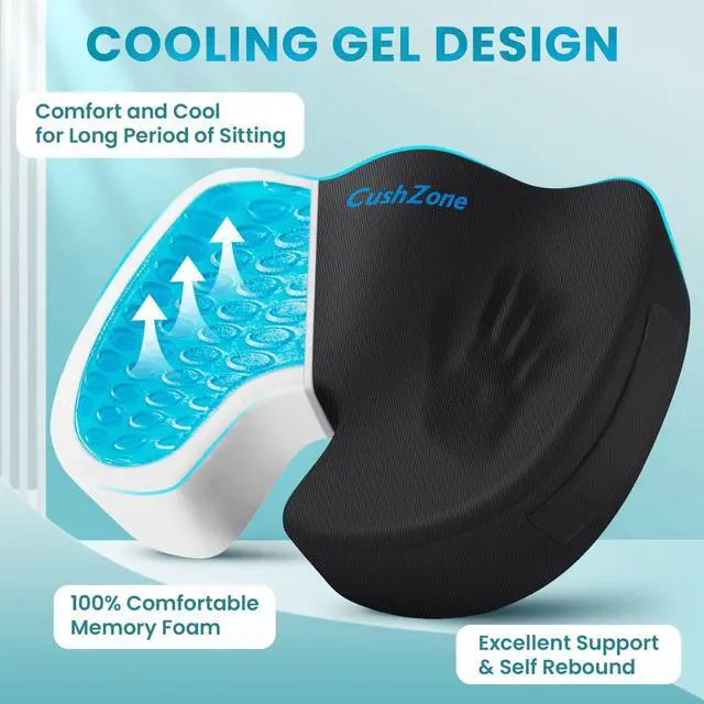 Alt view image 2 of 7 - Office Chair Seat Cushion, Cooling Gel Enhanced Memory Foam Cushion for Long Sitting - Back, Sciatica, Coccyx, Tailbone Pain Relief Pillow - for Office, Gaming, Car, Wheelchair - Black, Large