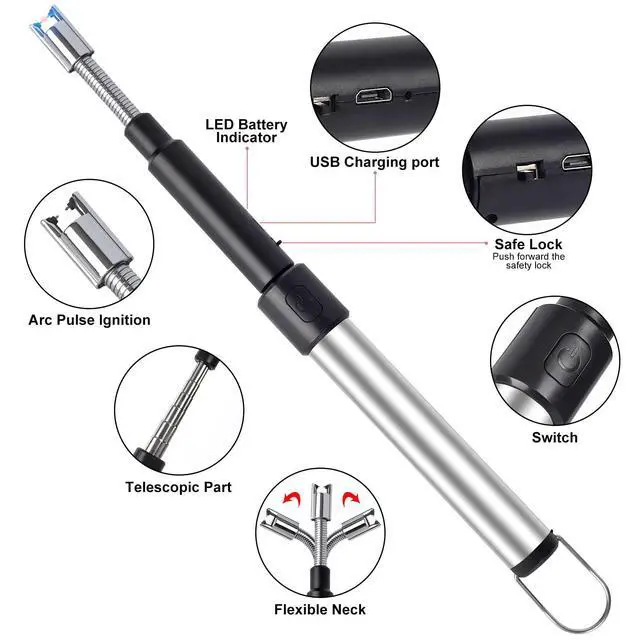 Alt view image 2 of 7 - Candle Arc Lighters Long Flexible Neck 70cm Rechargeable Telescopic Electric Flameless Lighter for Kitchen Fireplace Pilot Light BBQ Stove (Silver)