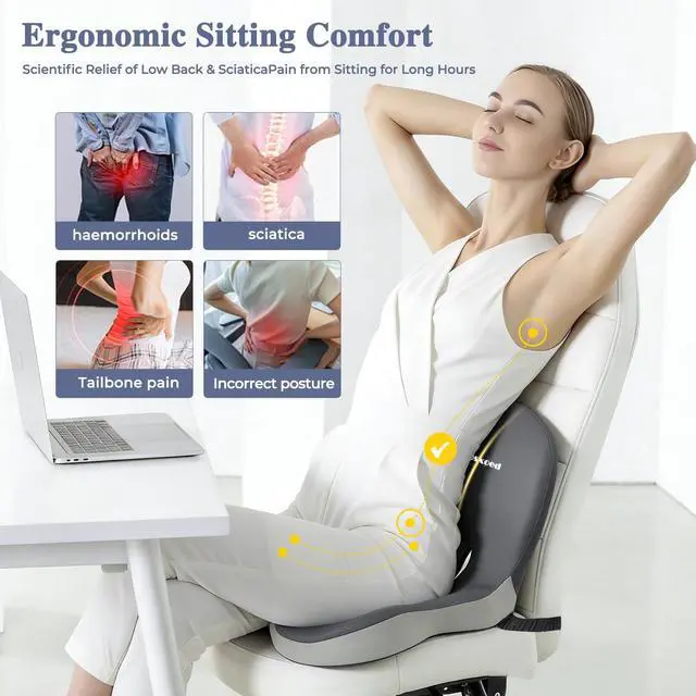 Alt view image 2 of 7 - Memory Foam Seat Cushion for Sciatica & Back Pain Relief - Ergonomic Chair Pad with Adjustable Strap & Supportive Comfort Cover, Non-Slip for Car, Truck, Office Chair - Dark Gray&Light Gray