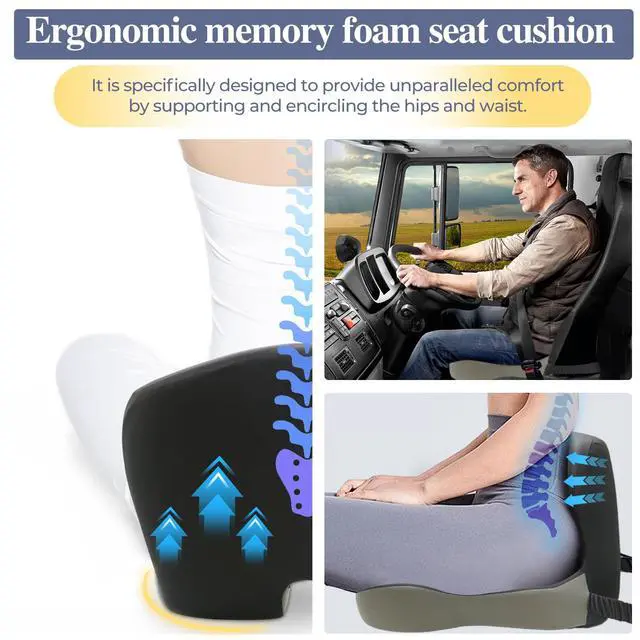 Alt view image 3 of 7 - Memory Foam Seat Cushion for Sciatica & Back Pain Relief - Ergonomic Chair Pad with Adjustable Strap & Supportive Comfort Cover, Non-Slip for Car, Truck, Office Chair - Dark Gray&Light Gray