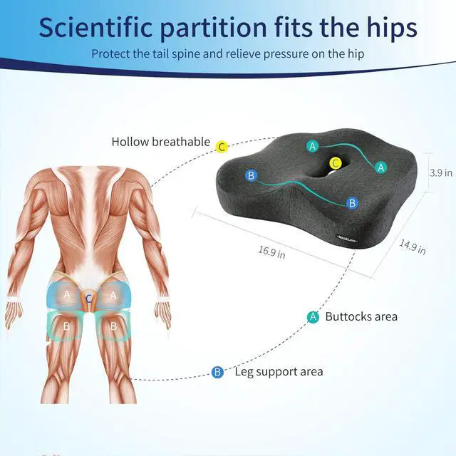 Alt view image 4 of 6 - Memory Foam Seat Chair Cushion for Relieves Back Sciatica Pain Tailbone Pain Coccyx Degenerating Disc Orthopedic Osteoarthritis Prostate Cushion Low Back Pain Cushion Hip Shaping (Dark Gray)