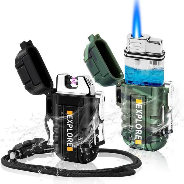 Main image of 2 Pack Outdoor Lighter Waterproof, Windproof Electric USB Rechargeable Dual Arc Plasma Lighter, Refillable Butane Torch Lighters, Survival Tactical Gear Gadgets for Men for Camping, Hiking