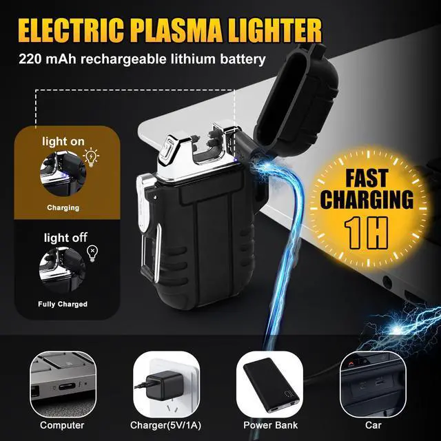 Alt view image 4 of 7 - 2 Pack Outdoor Lighter Waterproof, Windproof Electric USB Rechargeable Dual Arc Plasma Lighter, Refillable Butane Torch Lighters, Survival Tactical Gear Gadgets for Men for Camping, Hiking