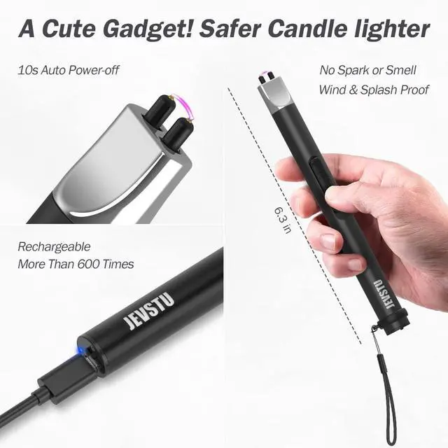 Alt view image 4 of 7 - Candle Lighter, Electric USB Rechargeable, Arc Plasma Electronic Windproof Flameless Long Lighter with Safety Switch Hook for Kitchen, Black & Black