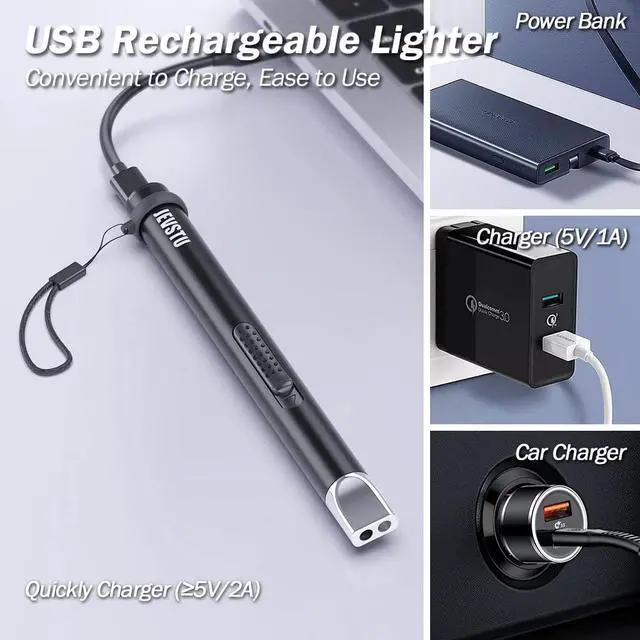 Alt view image 5 of 7 - Candle Lighter, Electric USB Rechargeable, Arc Plasma Electronic Windproof Flameless Long Lighter with Safety Switch Hook for Kitchen, Black & Black