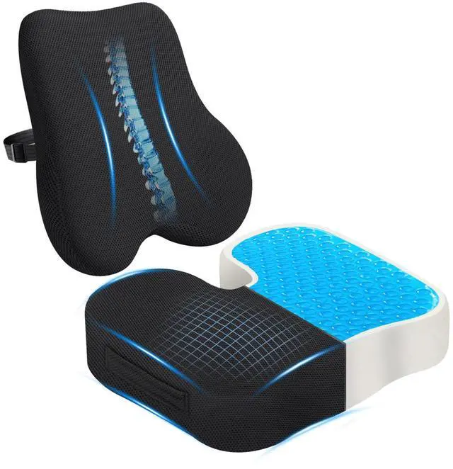 Main image of Gel Seat Cushion & Lumbar Support Pillow Set, Cooling Memory Foam for Tailbone & Sciatica Pain Relief, Ergonomic Office Chair Cushion with Breathable Mesh Cover for Car, Home, Wheelchair (Black)