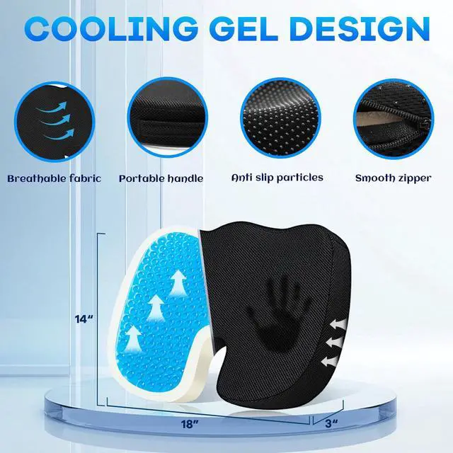 Alt view image 2 of 6 - Gel Seat Cushion & Lumbar Support Pillow Set, Cooling Memory Foam for Tailbone & Sciatica Pain Relief, Ergonomic Office Chair Cushion with Breathable Mesh Cover for Car, Home, Wheelchair (Black)