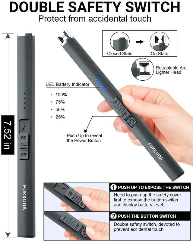 Alt view image 5 of 7 - Electric Candle Lighter with Safety Switch - USB Rechargeable Windproof & Flameless Plasma Arc Lighter for Easter Basket Stuffers (Space Grey)