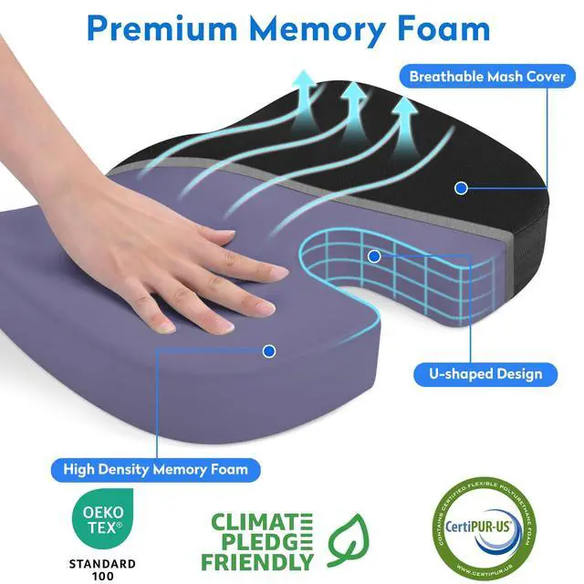 Alt view image 2 of 7 - Seat Cushion - Memory Foam Office Chair Cushion for Sciatica, Tailbone & Back Pain Relief - Orthopedic Coccyx Pillow for Car, Airplane, Pregnancy & Long Sitting at Work, Black