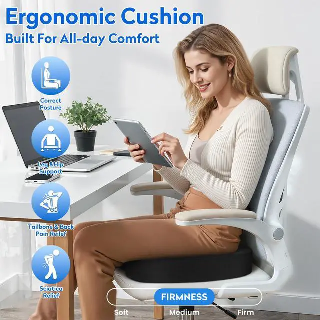 Alt view image 6 of 7 - Seat Cushion - Memory Foam Office Chair Cushion for Sciatica, Tailbone & Back Pain Relief - Orthopedic Coccyx Pillow for Car, Airplane, Pregnancy & Long Sitting at Work, Black