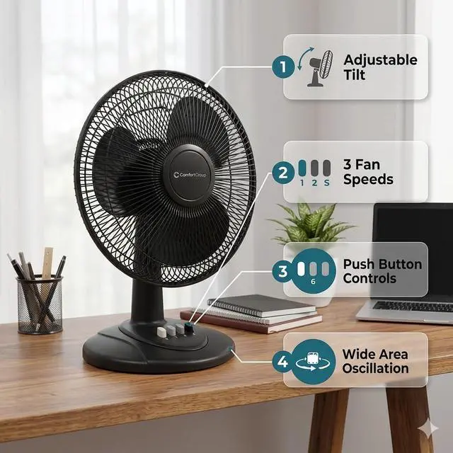 Alt view image 2 of 7 - Oscillating Table Fan with Adjustable Tilt, Convenient Push Button Controls, Quiet, 12 inch, 3 Speed, Desk Fan, Airflow 7.25 ft/sec, Ideal for Home, Bedroom, Dorm & Office, CZ121BK