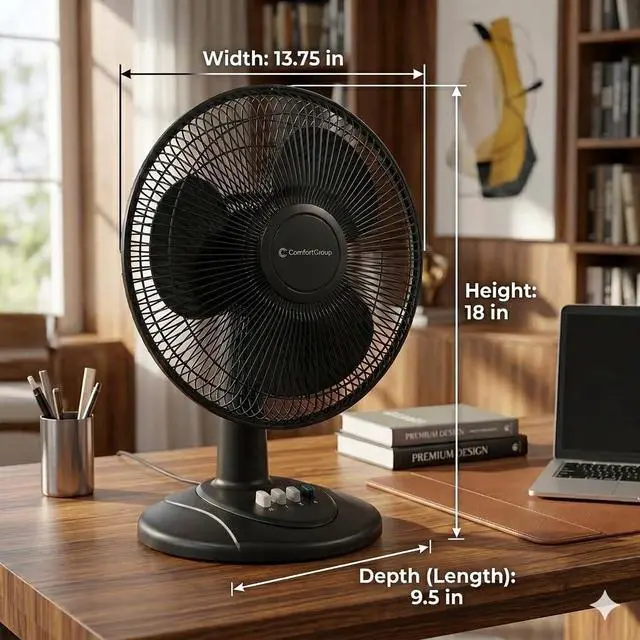 Alt view image 3 of 7 - Oscillating Table Fan with Adjustable Tilt, Convenient Push Button Controls, Quiet, 12 inch, 3 Speed, Desk Fan, Airflow 7.25 ft/sec, Ideal for Home, Bedroom, Dorm & Office, CZ121BK