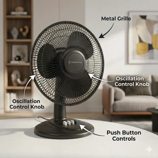 Alt view image 4 of 7 - Oscillating Table Fan with Adjustable Tilt, Convenient Push Button Controls, Quiet, 12 inch, 3 Speed, Desk Fan, Airflow 7.25 ft/sec, Ideal for Home, Bedroom, Dorm & Office, CZ121BK