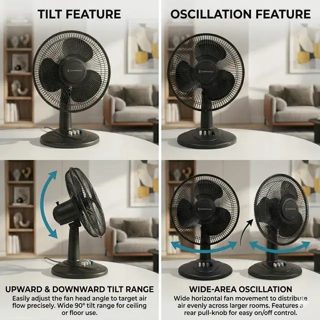 Alt view image 5 of 7 - Oscillating Table Fan with Adjustable Tilt, Convenient Push Button Controls, Quiet, 12 inch, 3 Speed, Desk Fan, Airflow 7.25 ft/sec, Ideal for Home, Bedroom, Dorm & Office, CZ121BK