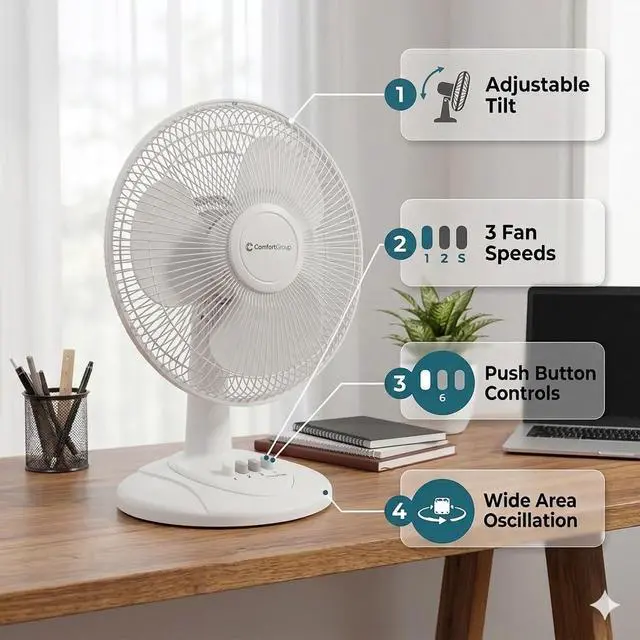 Alt view image 2 of 7 - 12 inch Table Fan with Adjustable Tilt, Wide Area Oscillation, Quiet Air Circulator Fan For Bedroom, 3 Speed Desktop Fan for Home Office, Push Button Controls, White