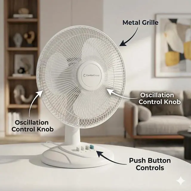 Alt view image 4 of 7 - 12 inch Table Fan with Adjustable Tilt, Wide Area Oscillation, Quiet Air Circulator Fan For Bedroom, 3 Speed Desktop Fan for Home Office, Push Button Controls, White