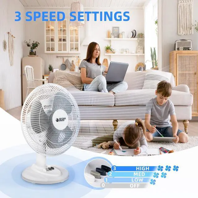 Alt view image 3 of 6 - Oscillating Table Fan Quiet 3-Speed 12-Inch Adjustable Tilt Fan with Safety Grill, Ideal for Home, Office, Dorm