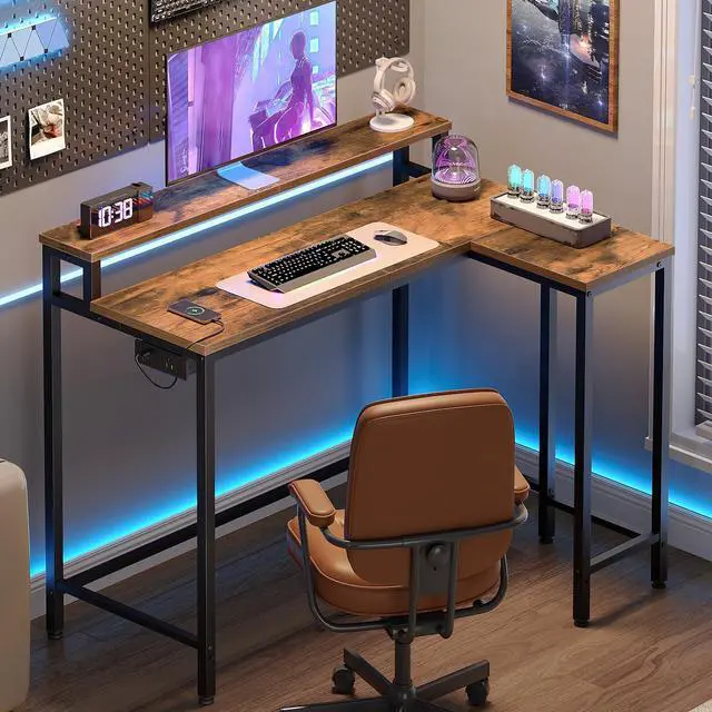 Main image of L-Shaped Computer Desk with Power Outlets, Gaming Desk with Monitor Stand, Reversible Home Office Desk for Study, Gaming Room, Living Room, Rustic Brown and Black DN05UBR