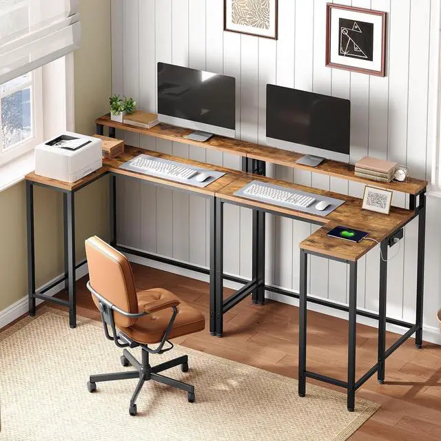 Alt view image 2 of 6 - L-Shaped Computer Desk with Power Outlets, Gaming Desk with Monitor Stand, Reversible Home Office Desk for Study, Gaming Room, Living Room, Rustic Brown and Black DN05UBR