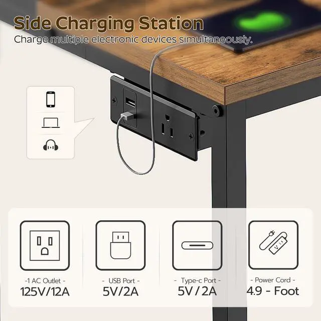 Alt view image 3 of 6 - L-Shaped Computer Desk with Power Outlets, Gaming Desk with Monitor Stand, Reversible Home Office Desk for Study, Gaming Room, Living Room, Rustic Brown and Black DN05UBR