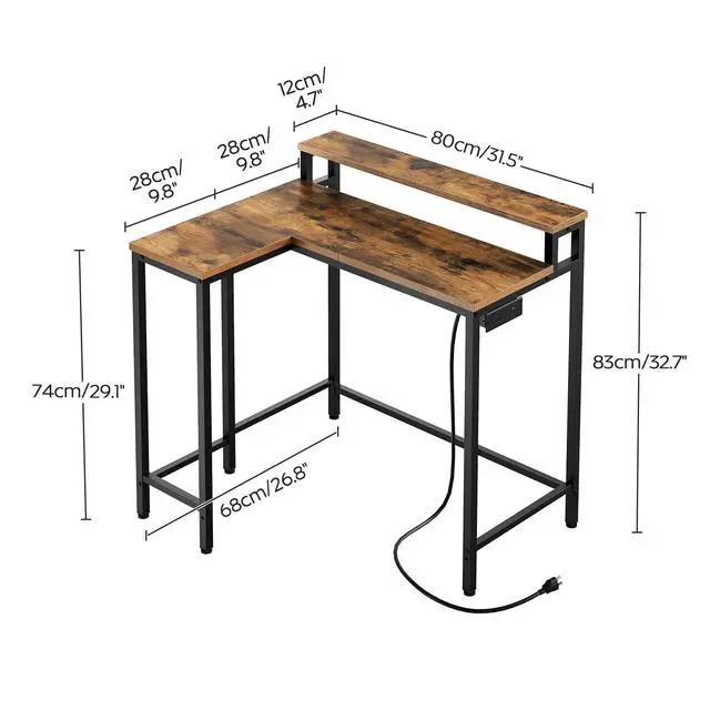 Alt view image 5 of 6 - L-Shaped Computer Desk with Power Outlets, Gaming Desk with Monitor Stand, Reversible Home Office Desk for Study, Gaming Room, Living Room, Rustic Brown and Black DN05UBR