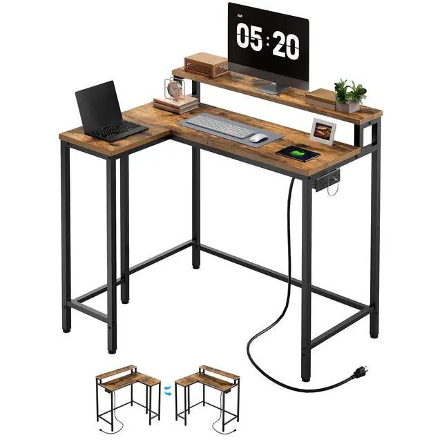 Alt view image 6 of 6 - L-Shaped Computer Desk with Power Outlets, Gaming Desk with Monitor Stand, Reversible Home Office Desk for Study, Gaming Room, Living Room, Rustic Brown and Black DN05UBR