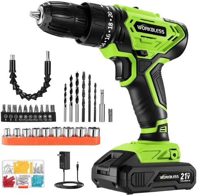 Main image of WORKBLESS Cordless Drill, Power Drill Set with 1 Battery and Charger, 40Nm, 20+1 Torque, 2 Speed, Keyless 3/8" Electric Screwdriver with LED Light, 28pcs Drill Bits Set(Green)