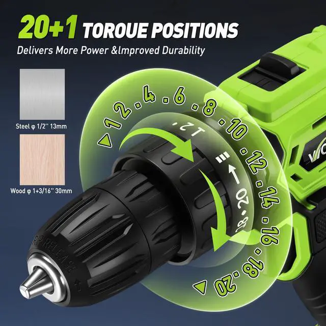 Alt view image 3 of 7 - WORKBLESS Cordless Drill, Power Drill Set with 1 Battery and Charger, 40Nm, 20+1 Torque, 2 Speed, Keyless 3/8" Electric Screwdriver with LED Light, 28pcs Drill Bits Set(Green)