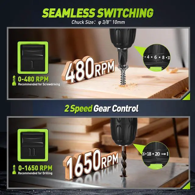 Alt view image 4 of 7 - WORKBLESS Cordless Drill, Power Drill Set with 1 Battery and Charger, 40Nm, 20+1 Torque, 2 Speed, Keyless 3/8" Electric Screwdriver with LED Light, 28pcs Drill Bits Set(Green)