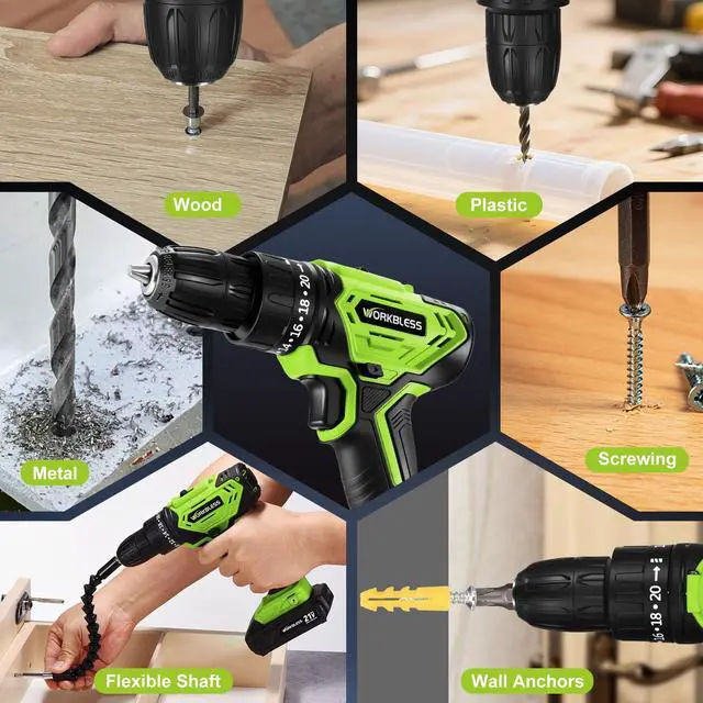 Alt view image 6 of 7 - WORKBLESS Cordless Drill, Power Drill Set with 1 Battery and Charger, 40Nm, 20+1 Torque, 2 Speed, Keyless 3/8" Electric Screwdriver with LED Light, 28pcs Drill Bits Set(Green)