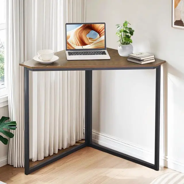 Main image of Triangle Computer Desk, Corner Table with Steel Frame and Shelves for Small Spaces, Brown, 33.1" H
