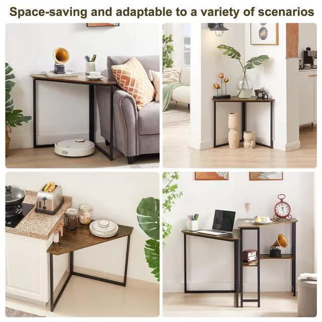 Alt view image 6 of 7 - Triangle Computer Desk, Corner Table with Steel Frame and Shelves for Small Spaces, Brown, 33.1" H