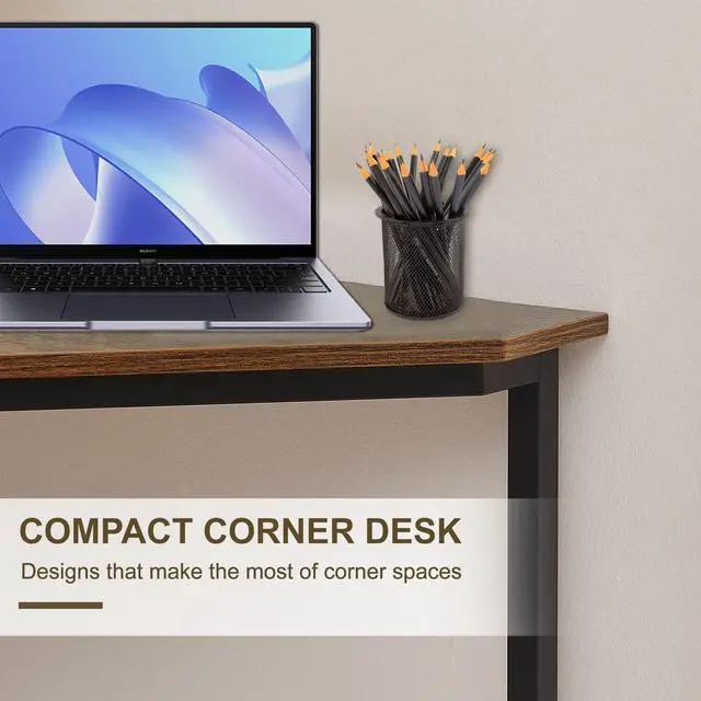 Alt view image 4 of 7 - Triangle Computer Desk, Corner Table with Steel Frame and Shelves for Small Spaces, Brown, 33.1" H