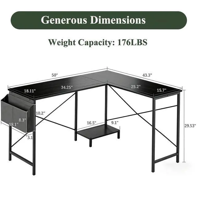Alt view image 3 of 7 - L Shaped Desk, 50 Inch Reversible Computer Desk Corner Gaming Table with CPU Stand & Storage Bag, Sturdy Metal Frame PC Workstation for Home Office