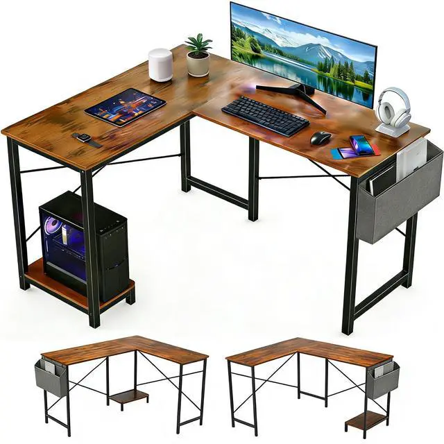 Main image of L-Shaped Corner Home Office Computer Desk, Gaming Desk with CPU Stand Shelf and Hanging Storage Pocket, Student Study Writing Table, Sturdy Metal Frame, 43.3" D x 50" W, Rustic Brown