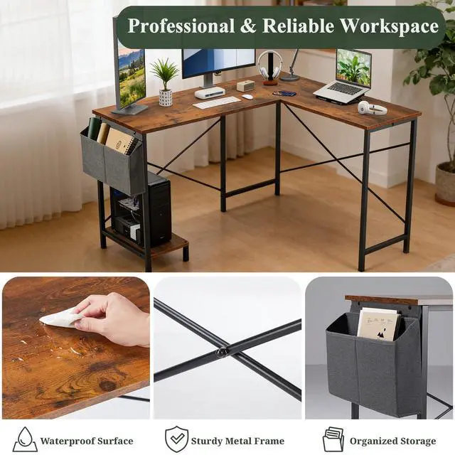 Alt view image 5 of 7 - L-Shaped Corner Home Office Computer Desk, Gaming Desk with CPU Stand Shelf and Hanging Storage Pocket, Student Study Writing Table, Sturdy Metal Frame, 43.3" D x 50" W, Rustic Brown