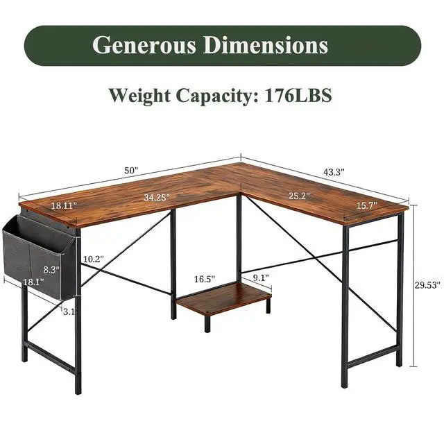 Alt view image 4 of 7 - L-Shaped Corner Home Office Computer Desk, Gaming Desk with CPU Stand Shelf and Hanging Storage Pocket, Student Study Writing Table, Sturdy Metal Frame, 43.3" D x 50" W, Rustic Brown